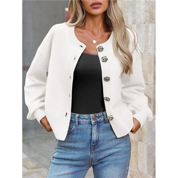 Button-Up Cardigan – Lantern Sleeve Knit Crew Neck Sweater Jacket (Fall Trendy) - Picture 2 of 5